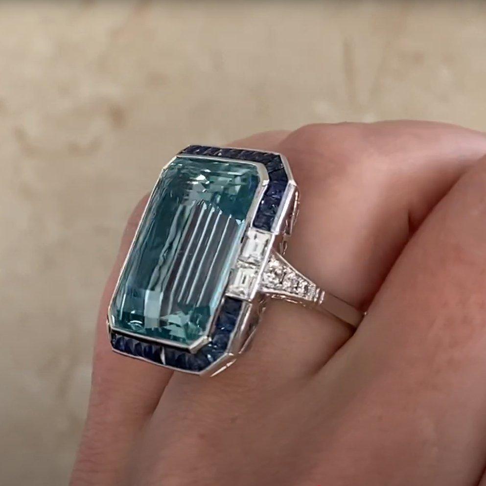 Emerald Cut Aquamarine (Approx 24-Carats) and Sapphire Halo Ring, Platinum In Excellent Condition For Sale In New York, NY