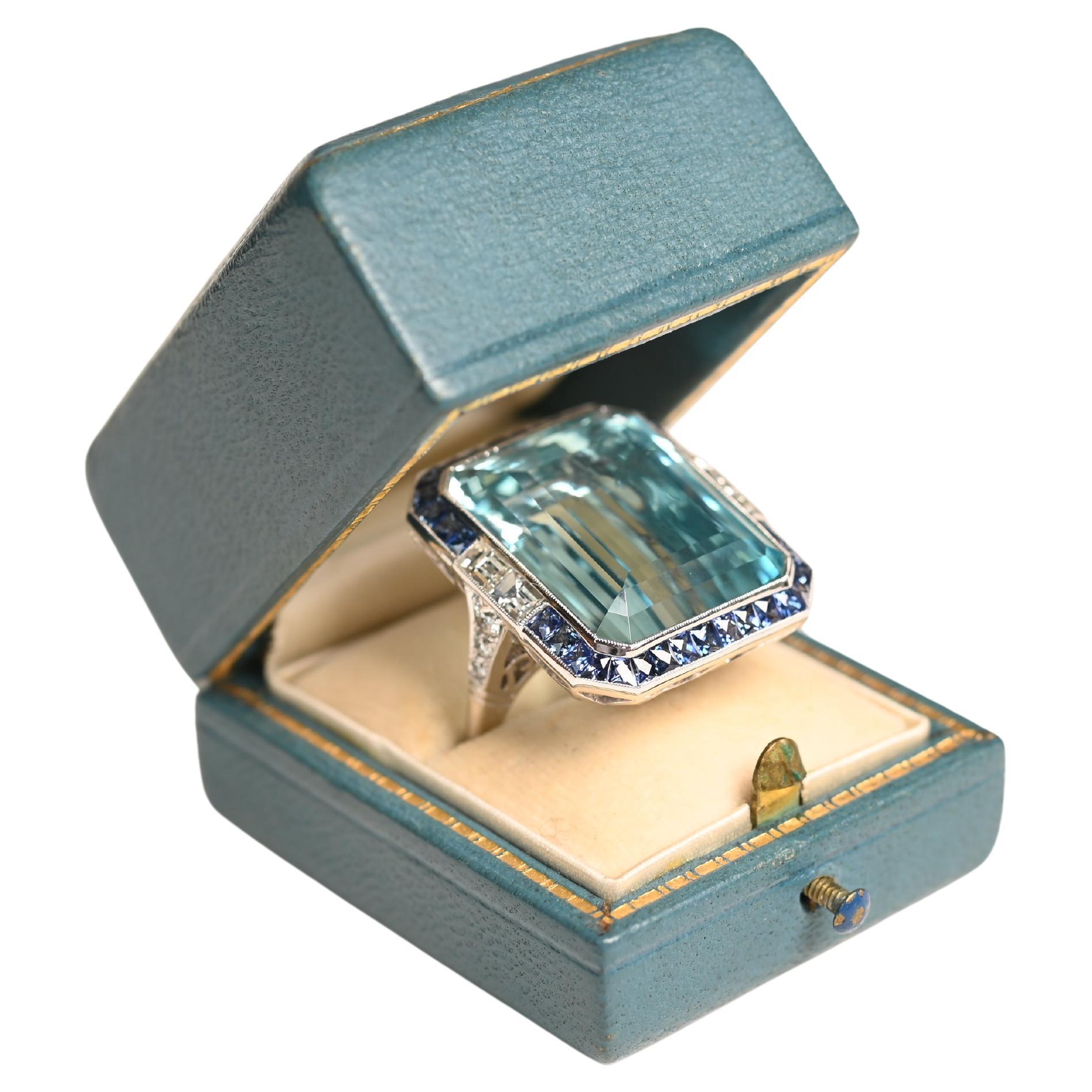 Emerald Cut Aquamarine (Approx 24-Carats) and Sapphire Halo Ring, Platinum For Sale