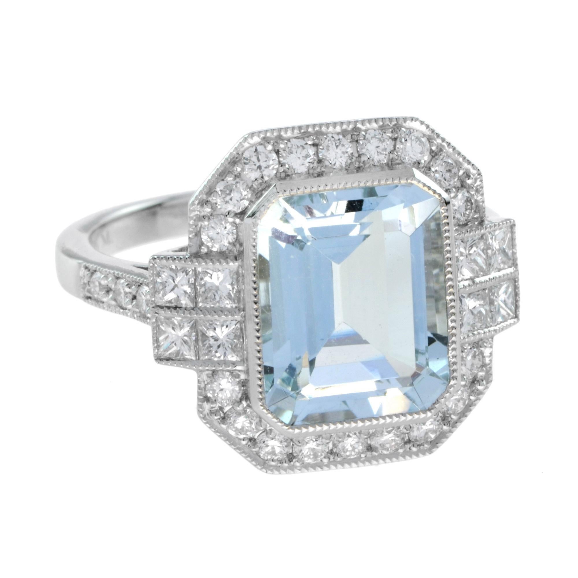 Taille émeraude Bague de fiançailles en or blanc 18 carats : aigue-marine, diamant, taille émeraude, style art déco en vente