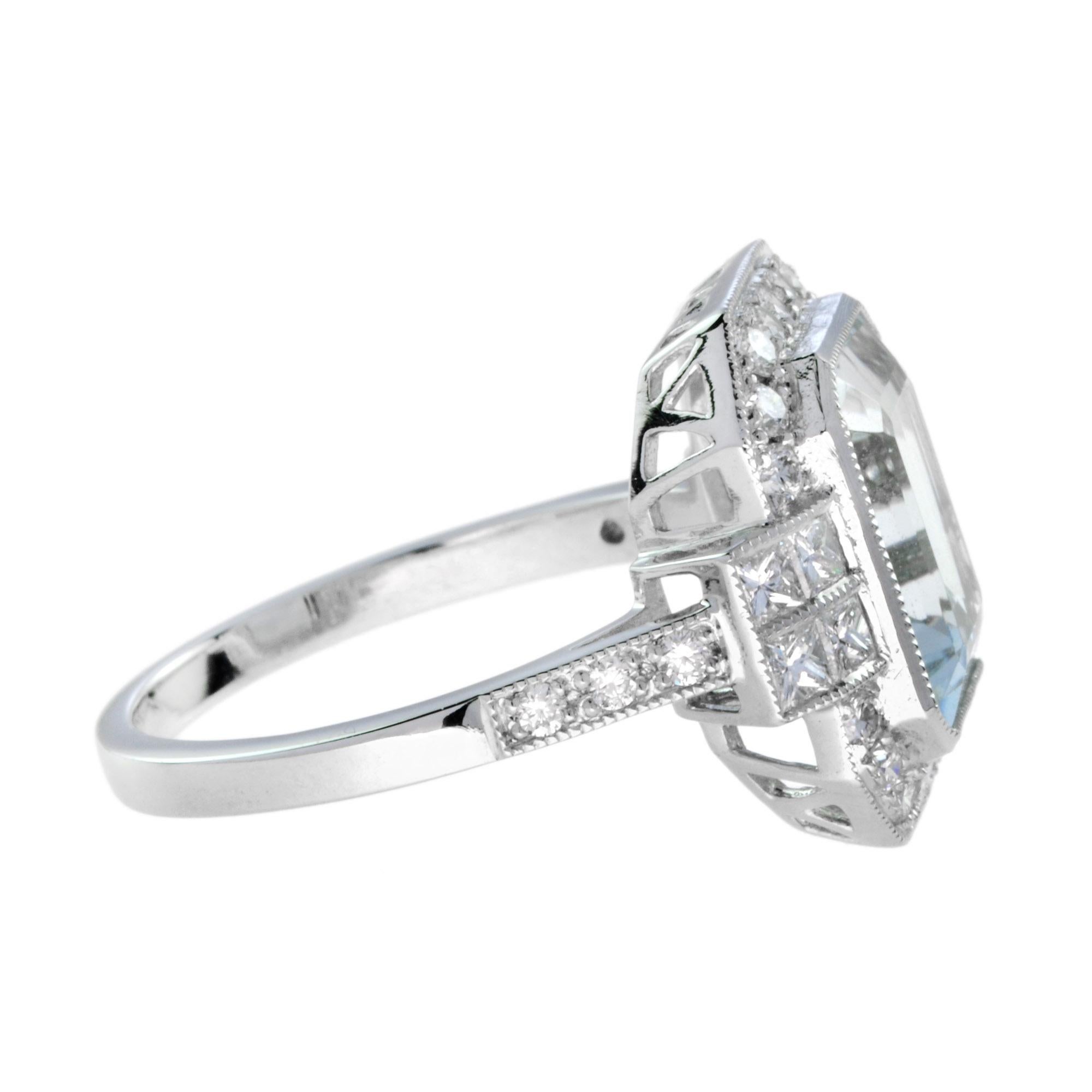 Bague de fiançailles en or blanc 18 carats : aigue-marine, diamant, taille émeraude, style art déco Neuf - En vente à Bangkok, TH