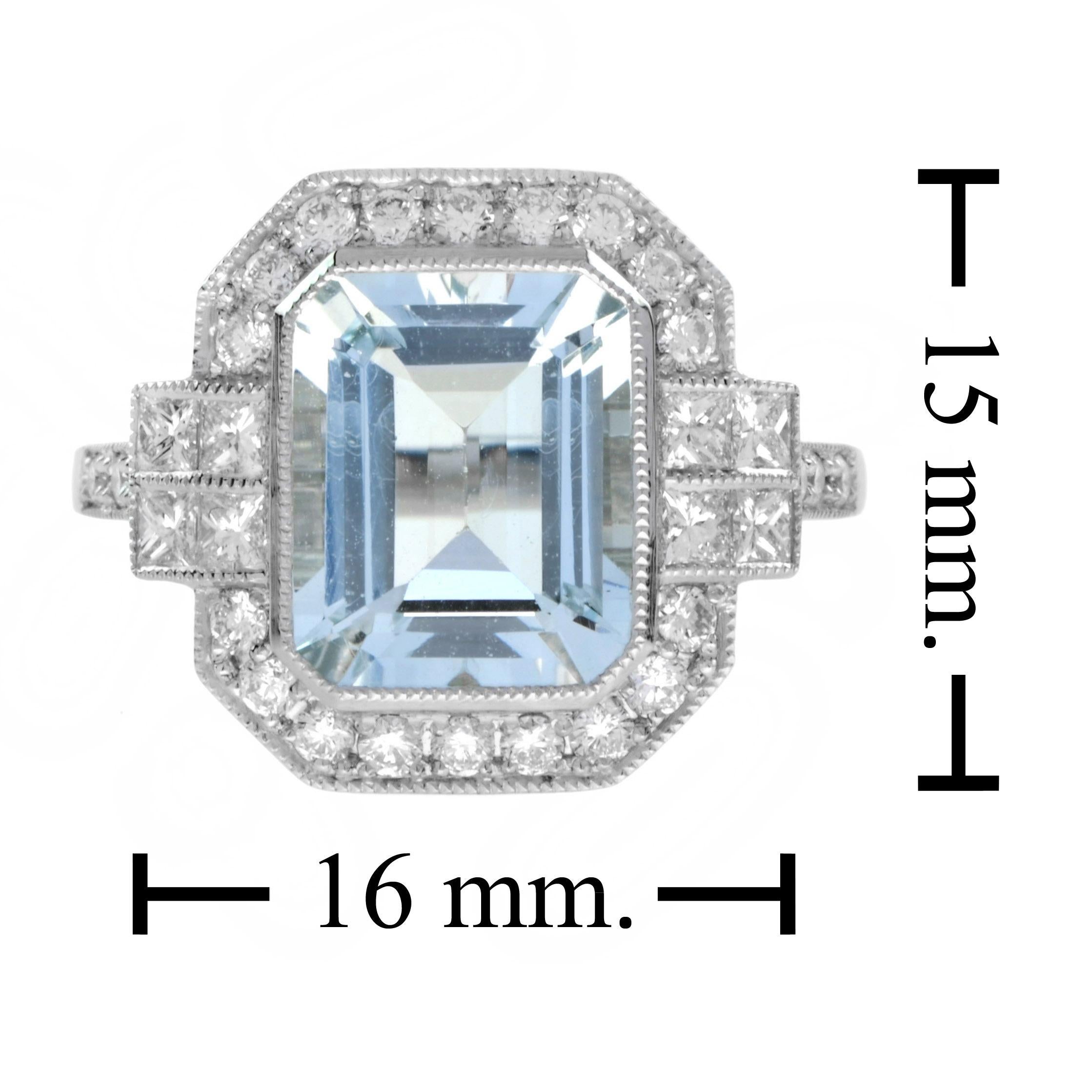 Bague de fiançailles en or blanc 18 carats : aigue-marine, diamant, taille émeraude, style art déco en vente 2