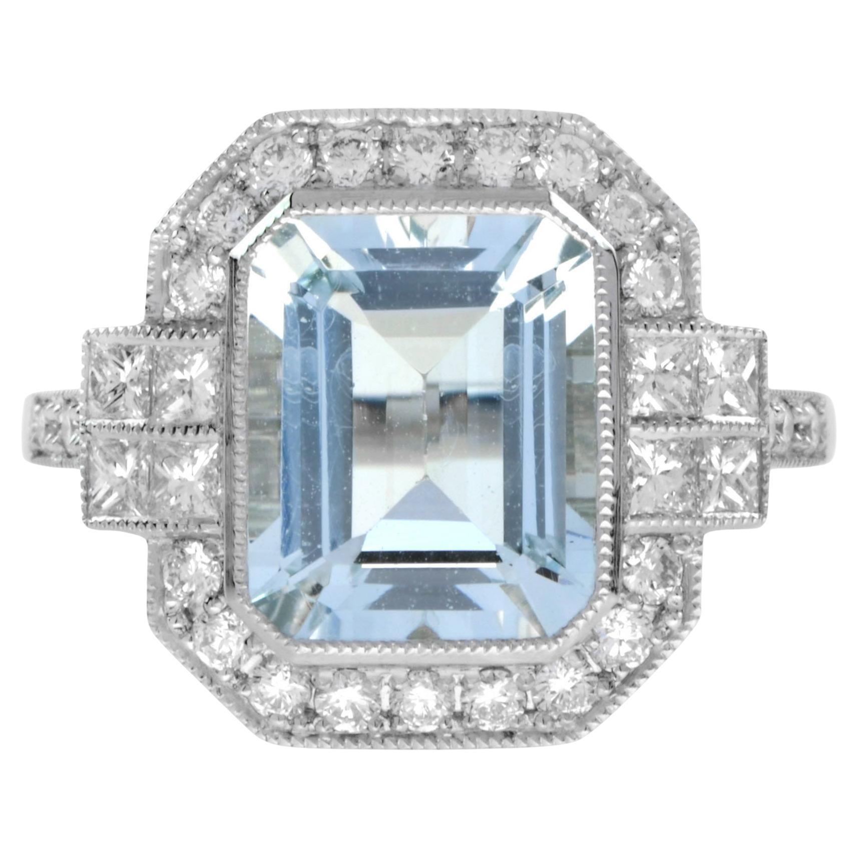 Emerald Cut Aquamarine Diamond Art Deco Style Engagement Ring in 18K White Gold