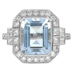 Emerald Cut Aquamarine Diamond Art Deco Style Engagement Ring in 18K White Gold
