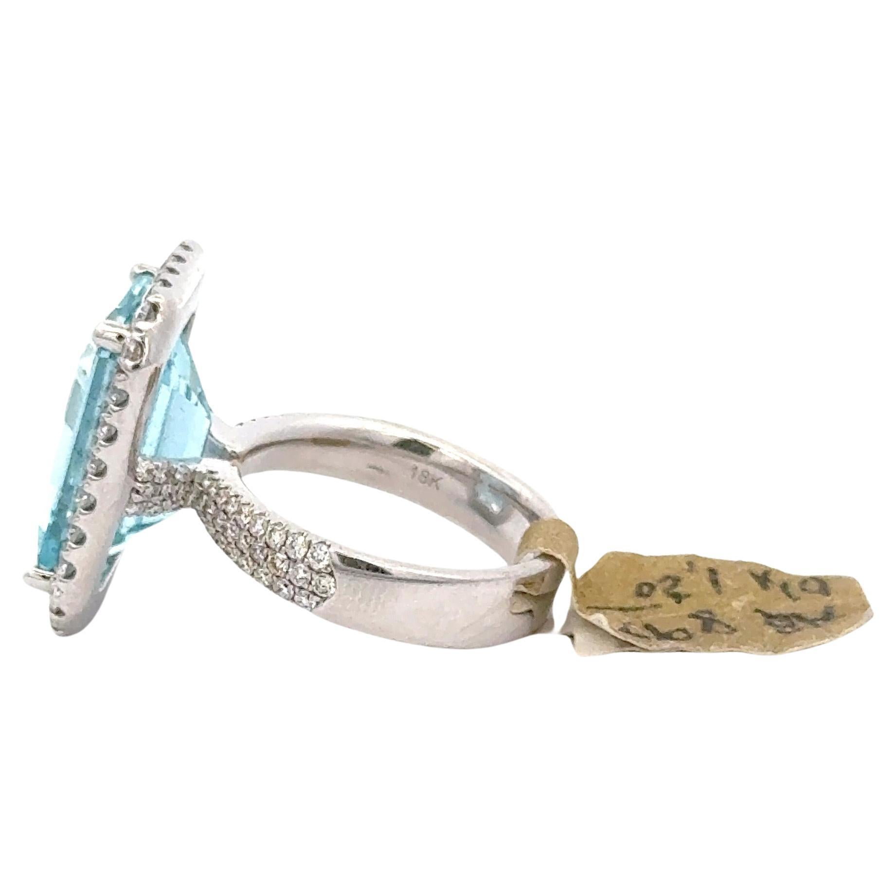 Contemporary Emerald Cut Aquamarine Diamond Halo Cocktail Ring 10.17 Carats 18KT White Gold