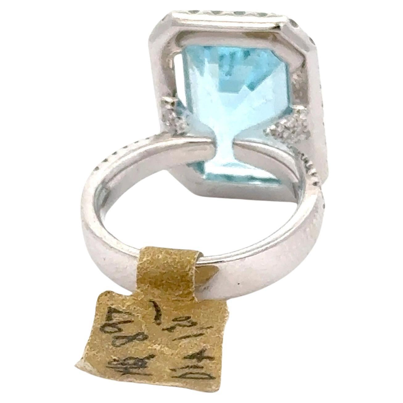 Emerald Cut Aquamarine Diamond Halo Cocktail Ring 10.17 Carats 18KT White Gold In New Condition In New York, NY
