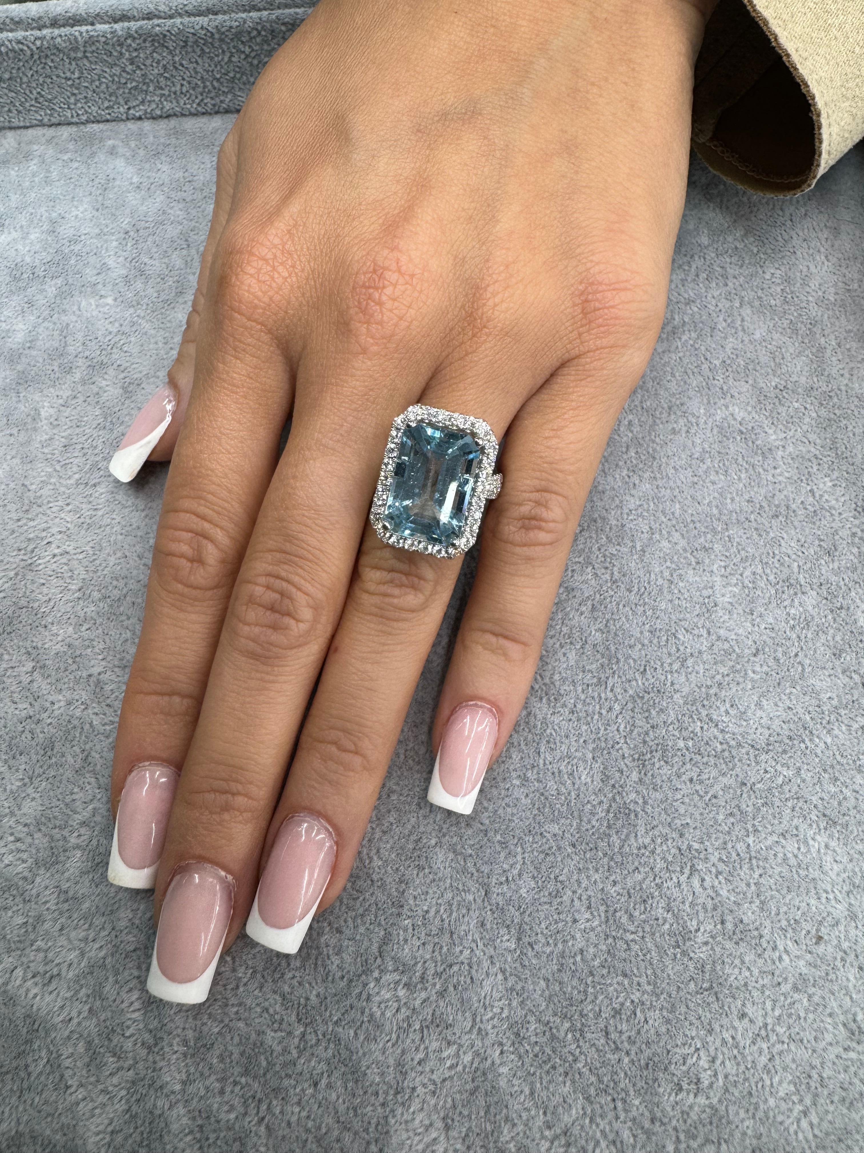Emerald Cut Aquamarine Diamond Halo Cocktail Ring 10.17 Carats 18KT White Gold 2