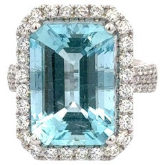 Emerald Cut Aquamarine Diamond Halo Cocktail Ring 10.17 Carats 18KT White Gold