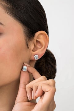 Emerald Cut Aquamarine & Diamond Halo Stud Earrings 1.14ct in 14K White Gold