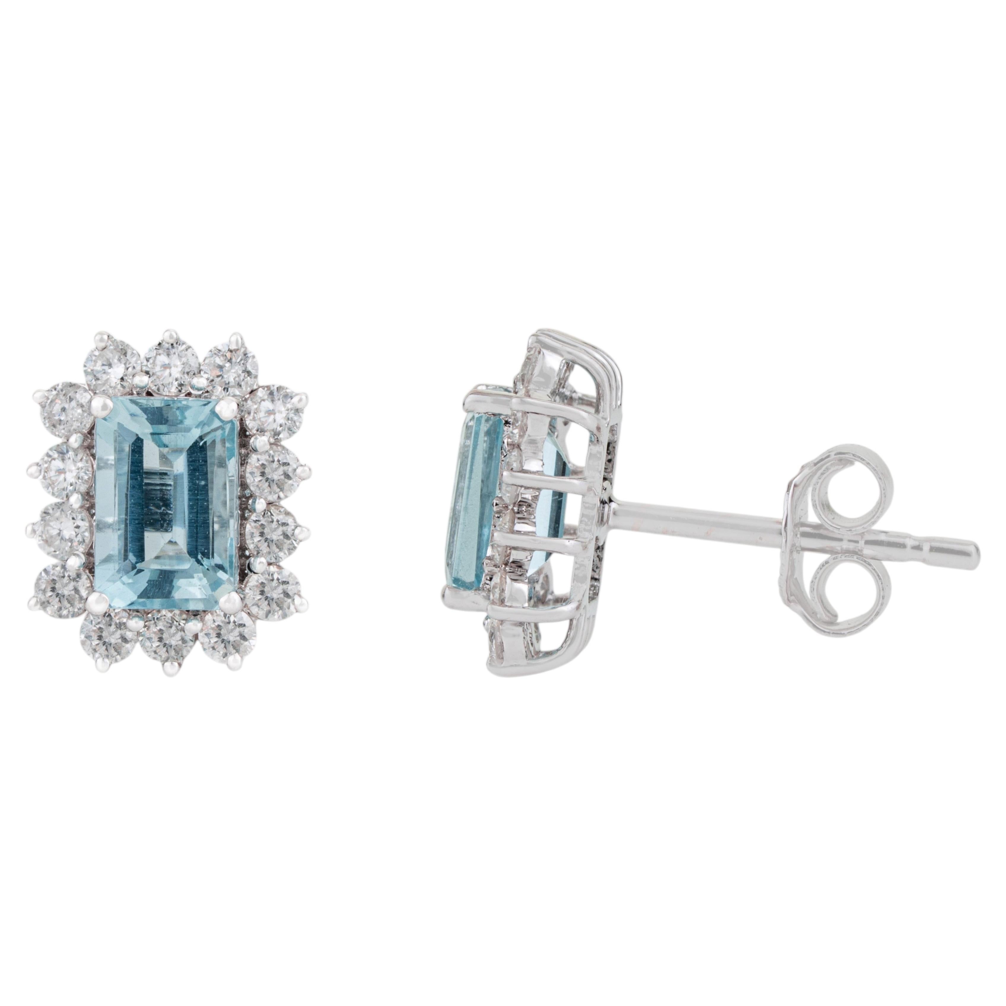 Emerald Cut Aquamarine & Diamond Halo Stud Earrings 1.14ct in 14K White Gold
