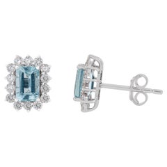 Emerald Cut Aquamarine & Diamond Halo Stud Earrings 1.14ct in 14K White Gold