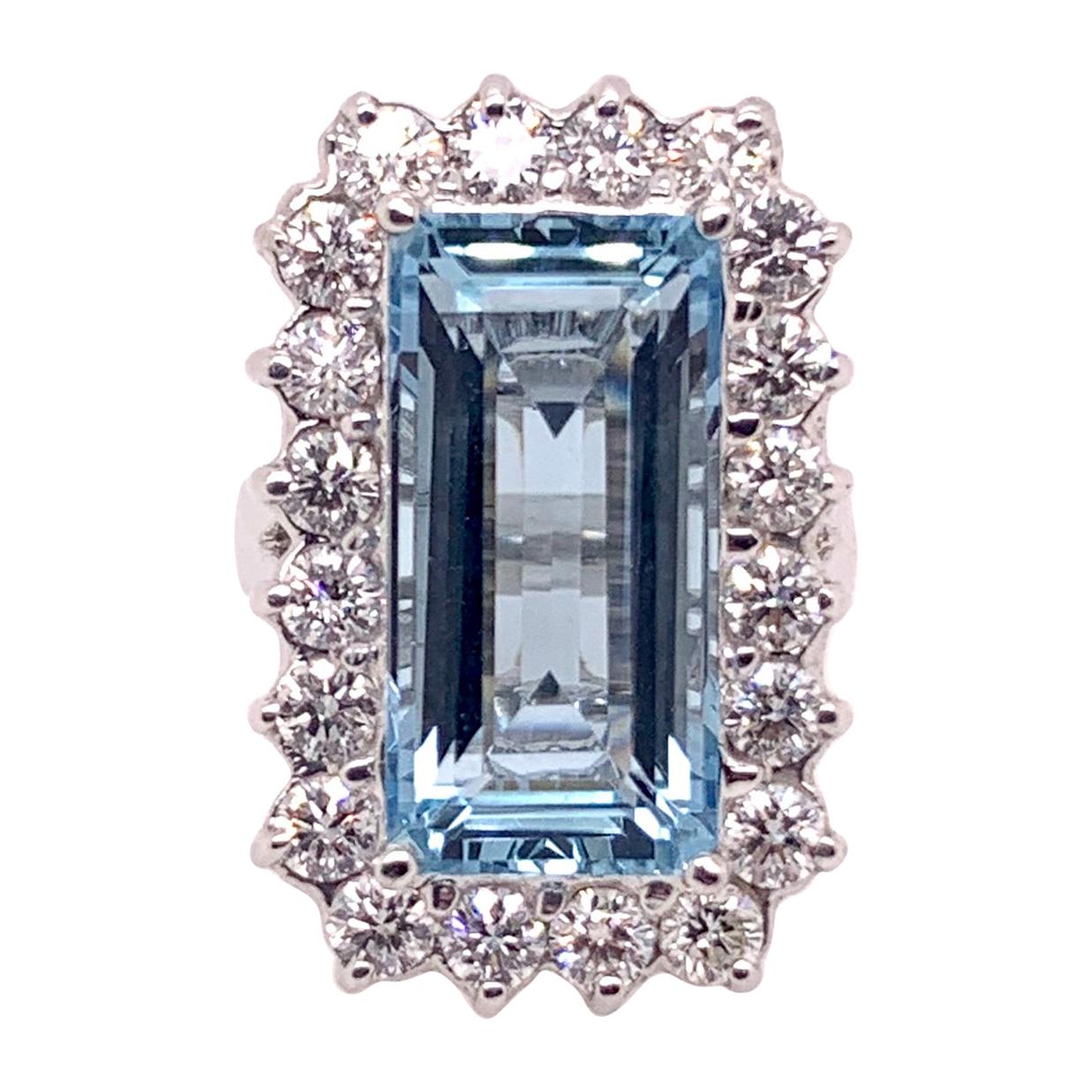 Emerald Cut Aquamarine Diamond Ring 14 Karat White Gold