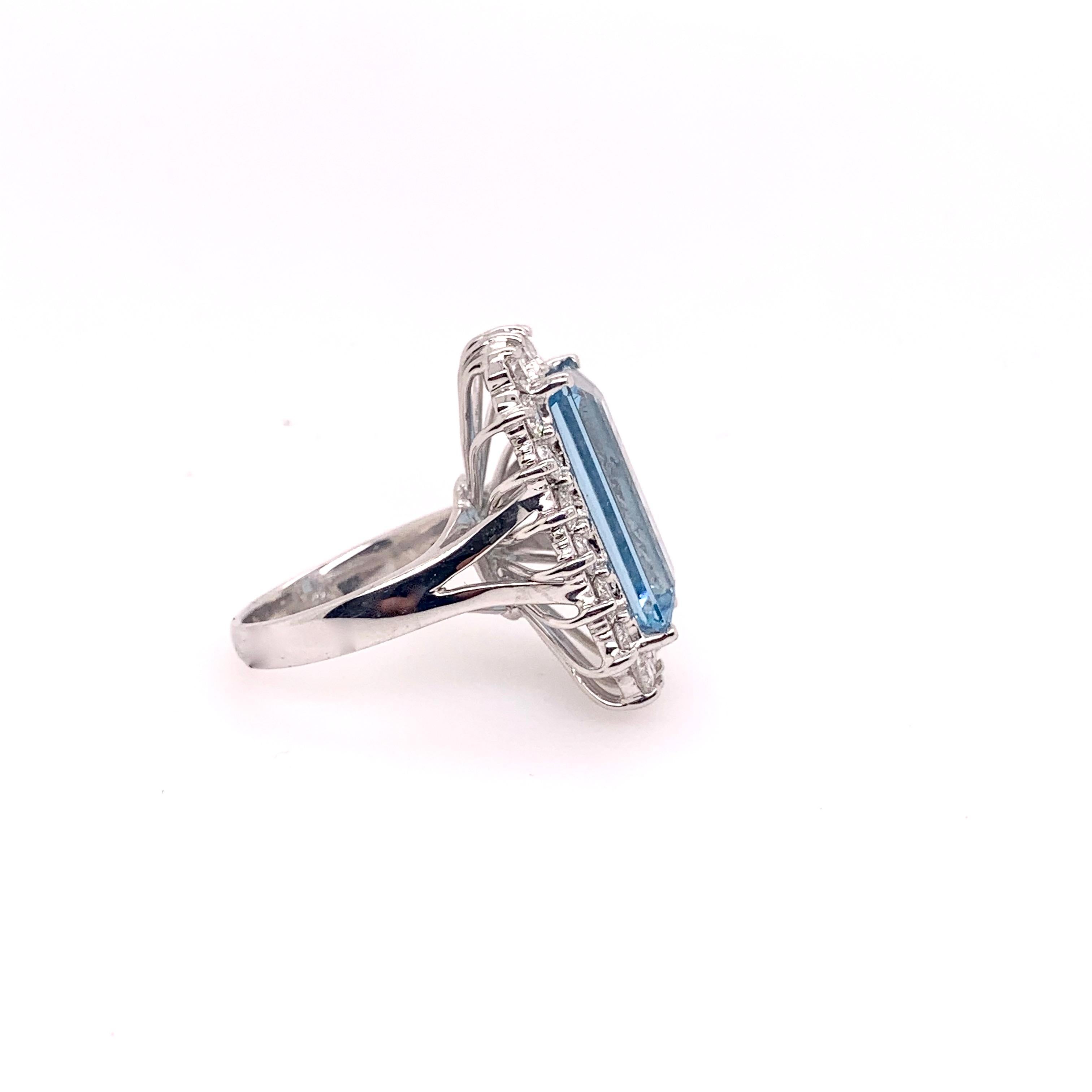 Contemporary Emerald Cut Aquamarine Diamond Ring 14 Karat White Gold For Sale