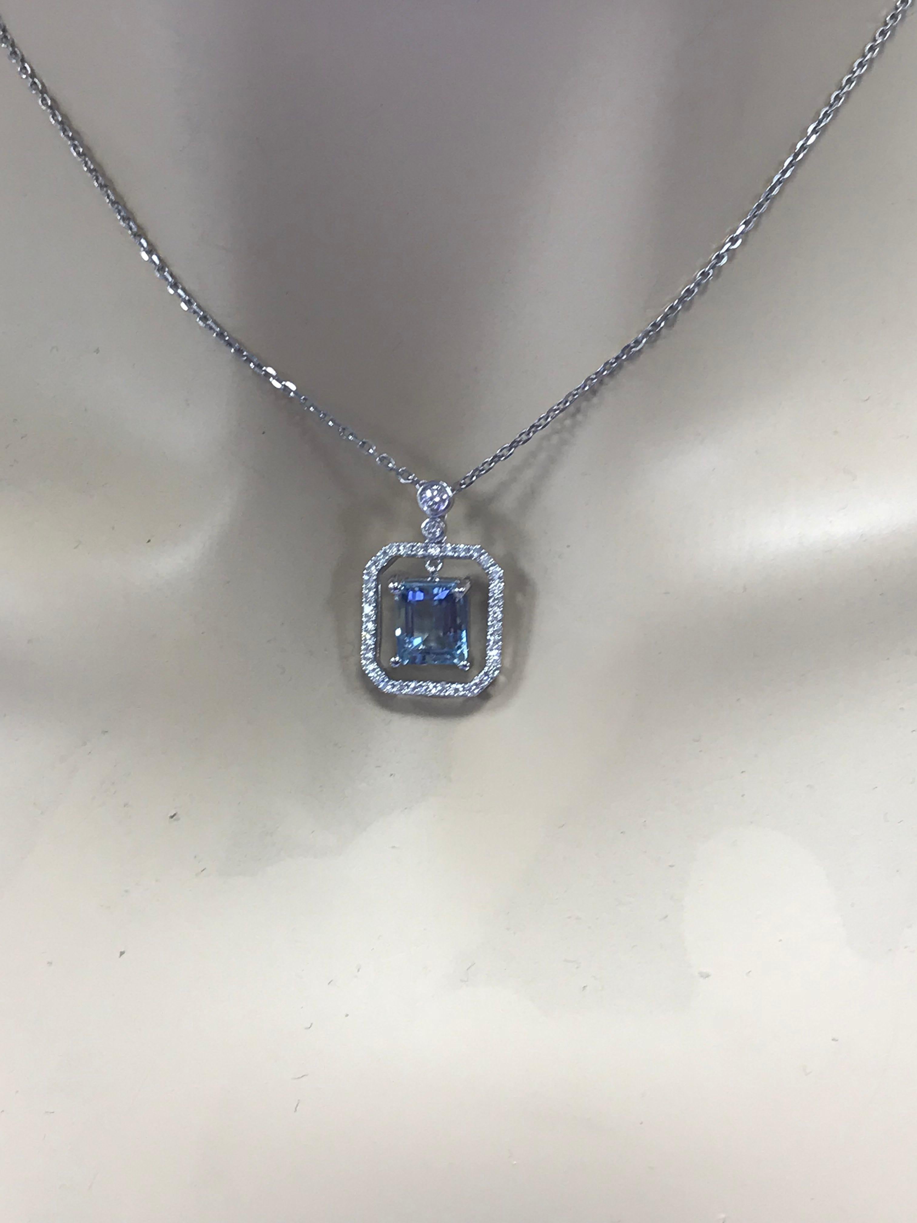 Women's or Men's Emerald Cut Aquamarine Halo Diamonds Pendant