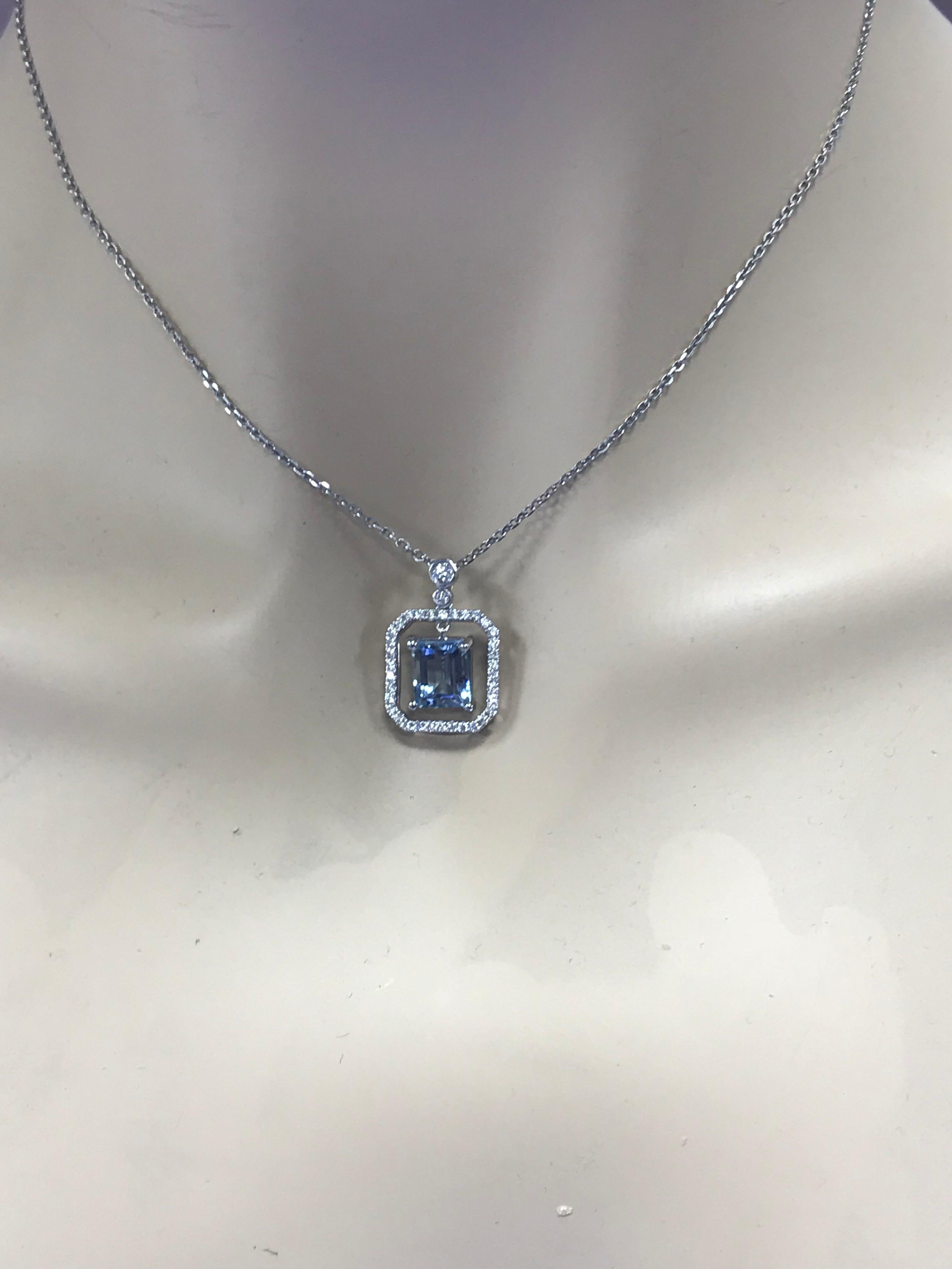 Emerald Cut Aquamarine Halo Diamonds Pendant 1