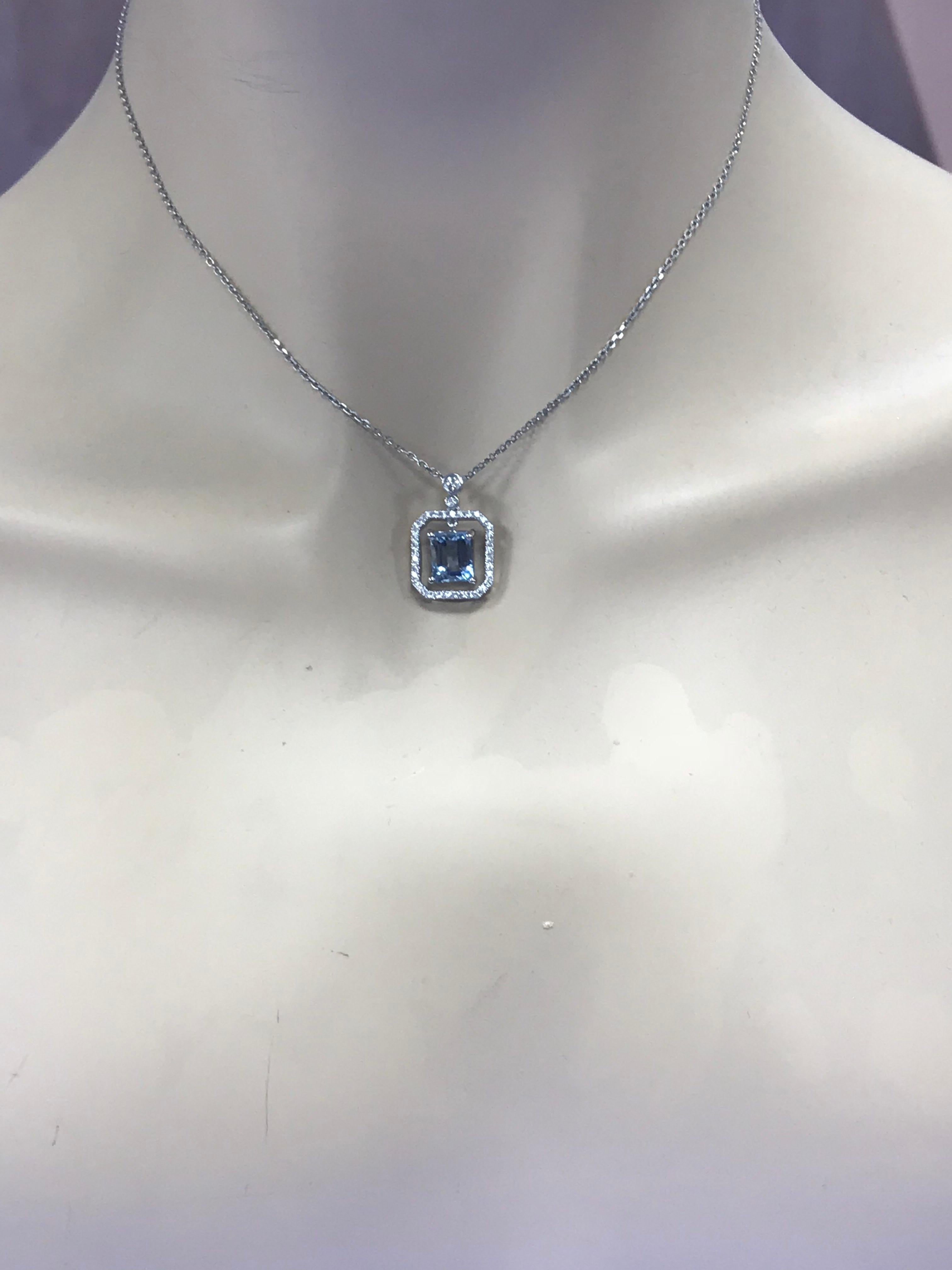 Emerald Cut Aquamarine Halo Diamonds Pendant 2