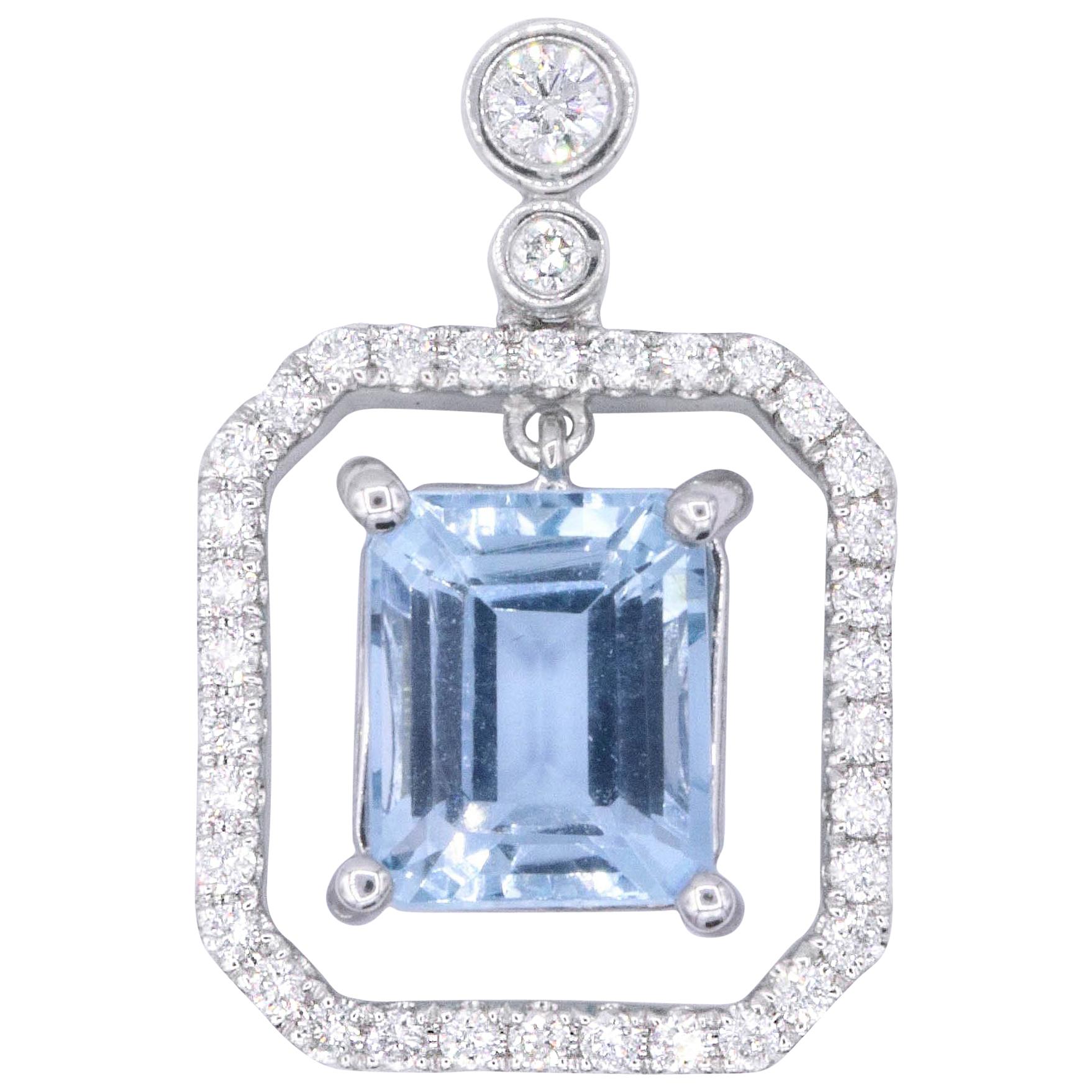 Emerald Cut Aquamarine Halo Diamonds Pendant