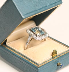 Aquamarine Diamond Halo Ring. 2.40ct Emerald Cut Aquamarine Ring Platinum