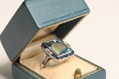 Emerald Cut Aquamarine Halo Ring (Approx. 7.60-Carats) w/ Sapphire, Platinum