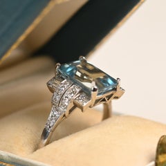 Vintage Emerald Cut Aquamarine Diamond Accent Elongated Ring 1.80ct Platinum