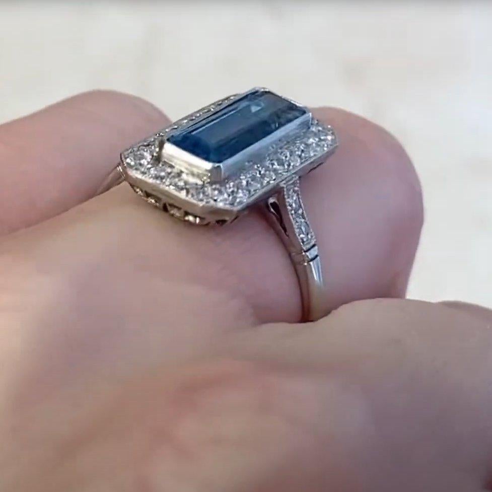 Emerald Cut Aquamarine Ring (Approx 1.60-Carats), Diamond Halo, Platinum In Excellent Condition For Sale In New York, NY