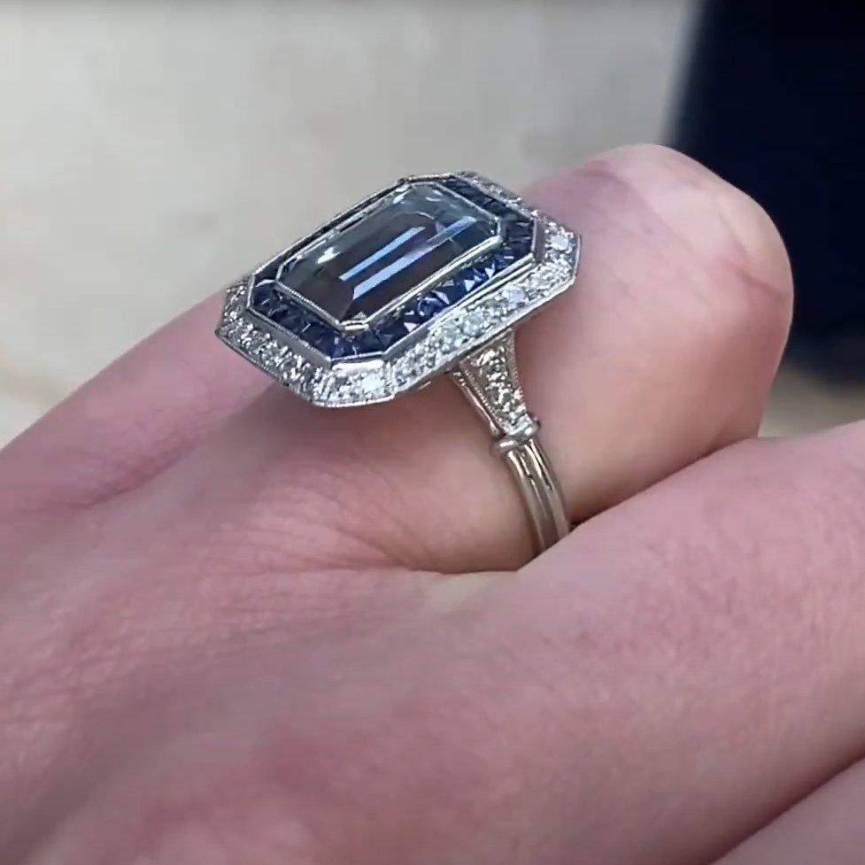 Emerald Cut Aquamarine Ring (Approx 3.10-Carats), Double Halo, Platinum In Excellent Condition For Sale In New York, NY