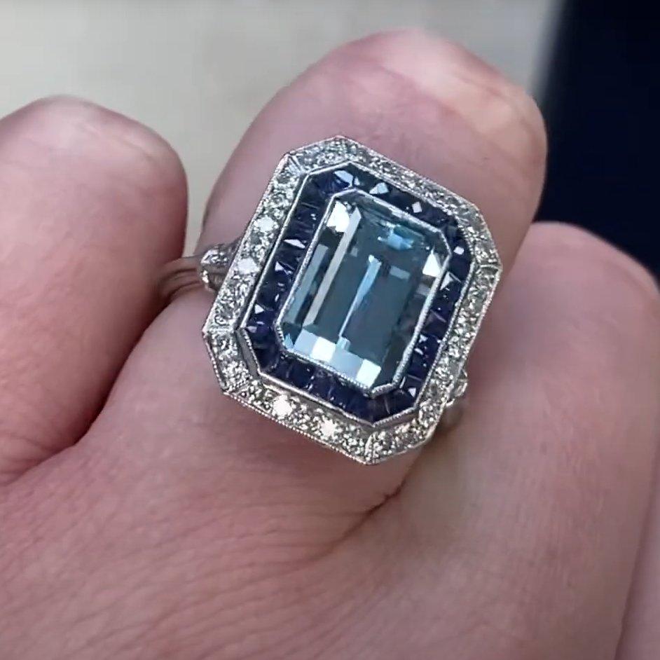 Emerald Cut Aquamarine Ring (Approx 3.10-Carats), Double Halo, Platinum In Excellent Condition For Sale In New York, NY