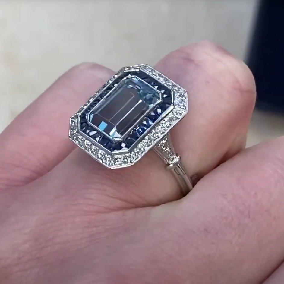 Emerald Cut Aquamarine Ring (Approx 3.10-Carats), Double Halo, Platinum For Sale 1