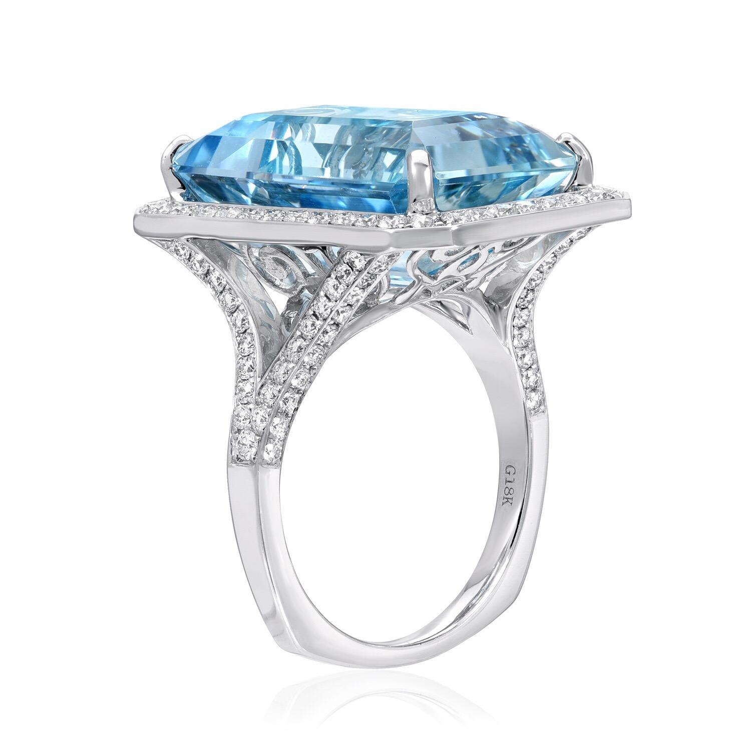 Emerald cut Aquamarine weighing a total of 15 carats, set in a 1.20 carat Diamond, 18K white gold ring.
Ring size 6.5. Resizing is complementary upon request.
Returns are accepted and paid by us within 7 days of delivery. 

Aquamarine is the