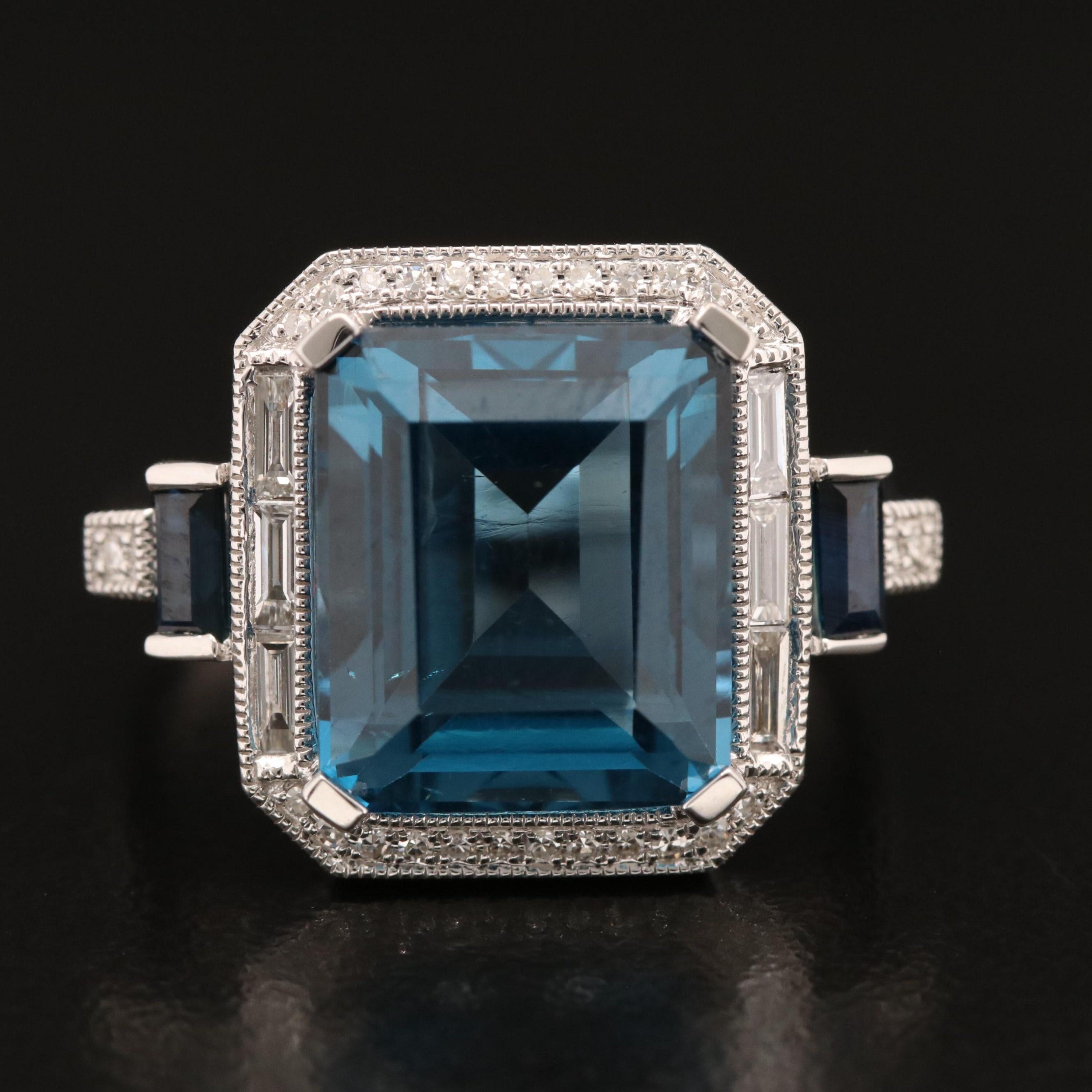 For Sale:  Emerald cut Aquamarine & Sapphire Engagement Ring, Vintage 2