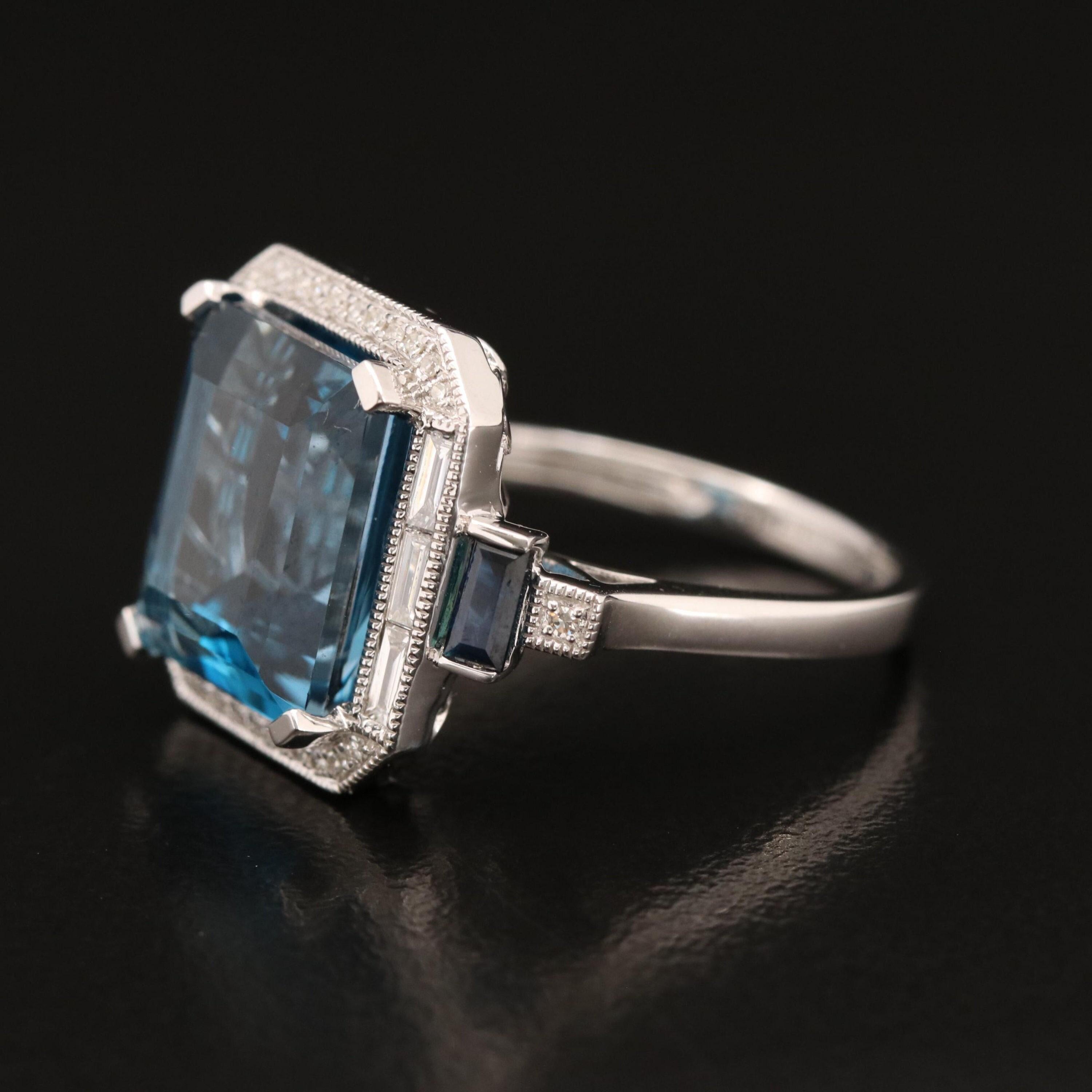 For Sale:  Emerald cut Aquamarine & Sapphire Engagement Ring, Vintage 3