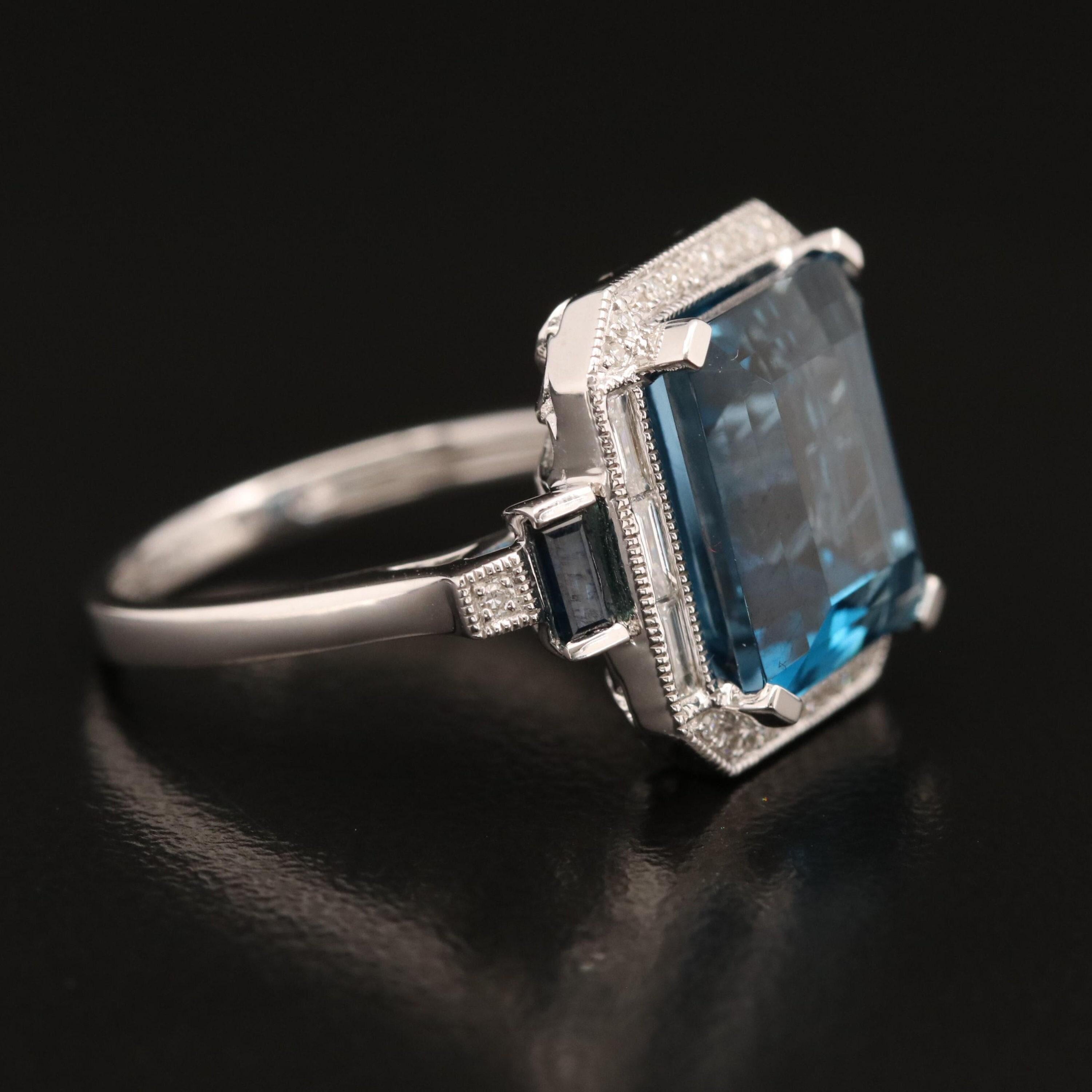 For Sale:  Emerald cut Aquamarine & Sapphire Engagement Ring, Vintage 4