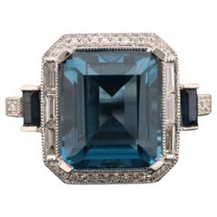 Emerald cut Aquamarine & Sapphire Engagement Ring, Vintage
