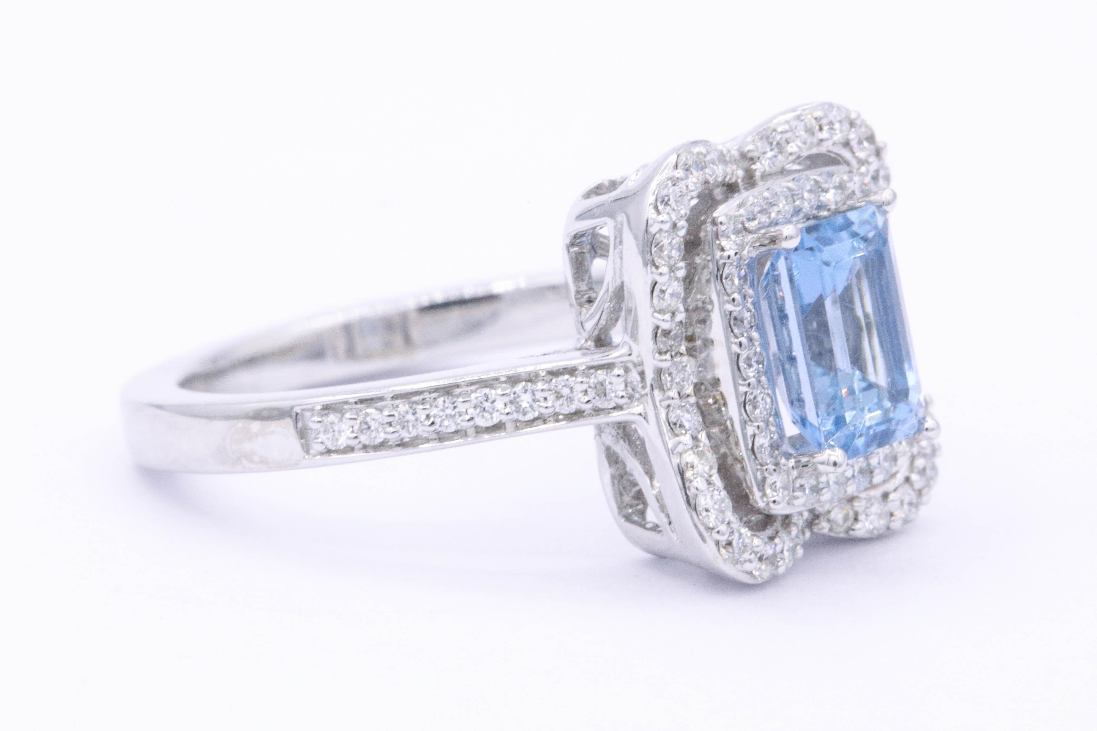 Emerald Cut Aquamarine with Diamonds Halo Cocktail Ring In New Condition In New York, NY