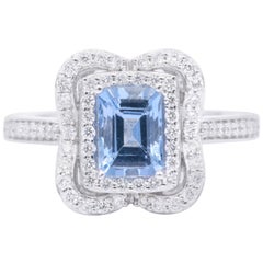 Emerald Cut Aquamarine with Diamonds Halo Cocktail Ring