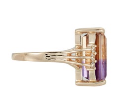 Emerald Cut Bicolor Ametrine Amethyst Citrine Ring White Diamond 14K Yellow Gold