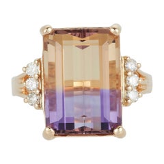 Emerald Cut Bicolor Ametrine Amethyst Citrine Ring White Diamond 14K Yellow Gold