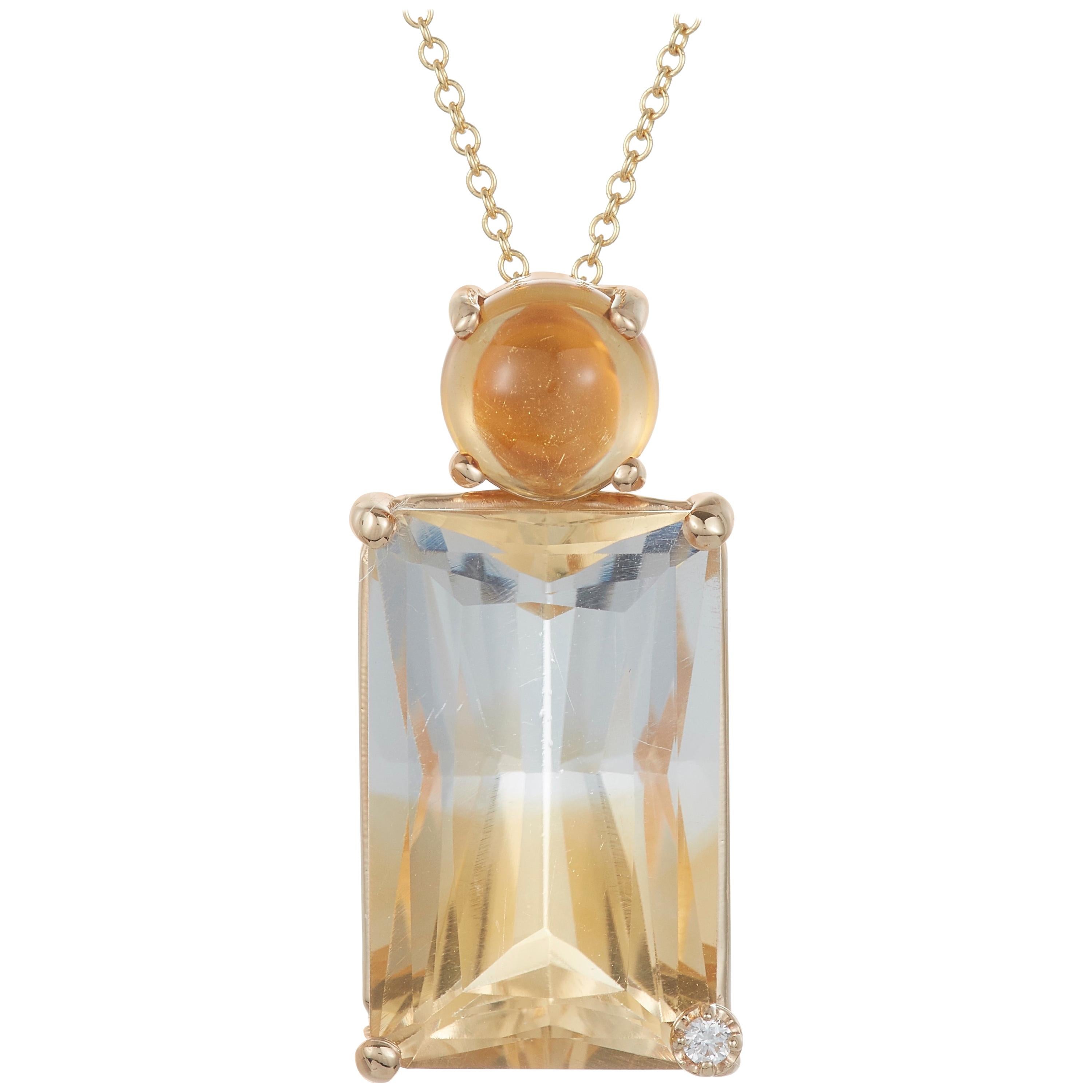 Emerald Cut Bicolor Citrine Cabochon Diamond Pendant 14 Karat Gold Double Drop