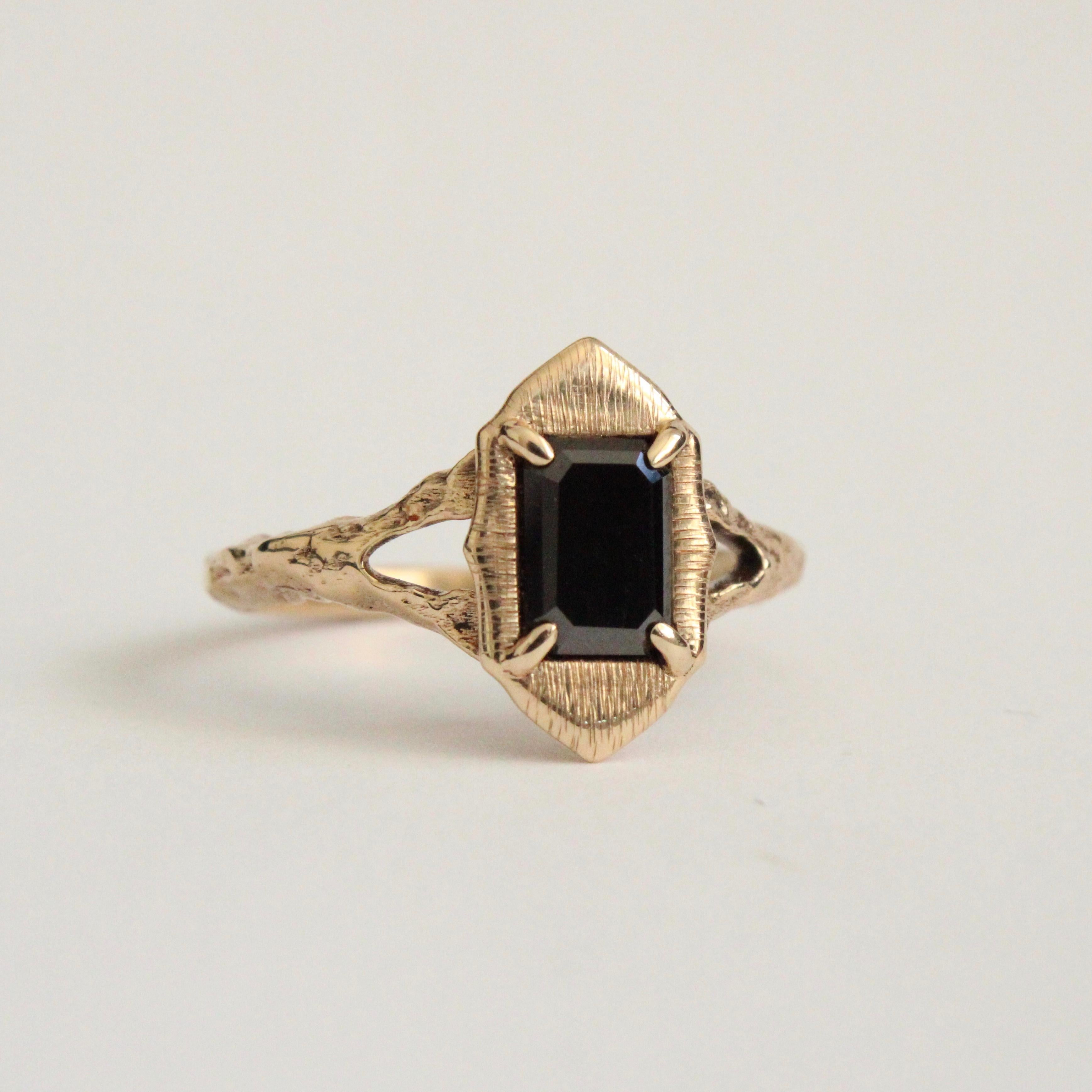 Artist Emerald Cut Black Diamond Ring in 14 Karat Yellow Gold