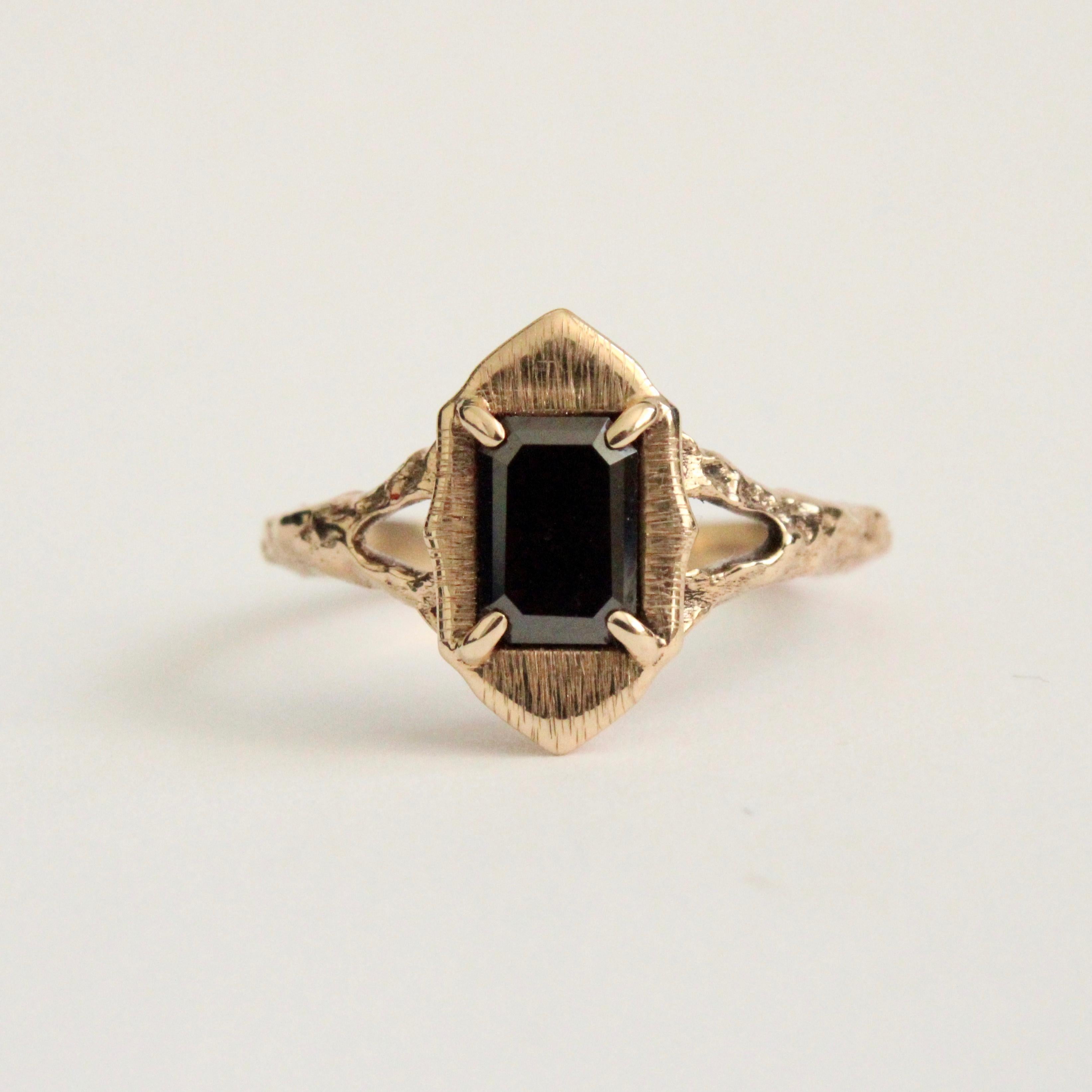 Emerald Cut Black Diamond Ring in 14 Karat Yellow Gold In New Condition In Foxborough, MA