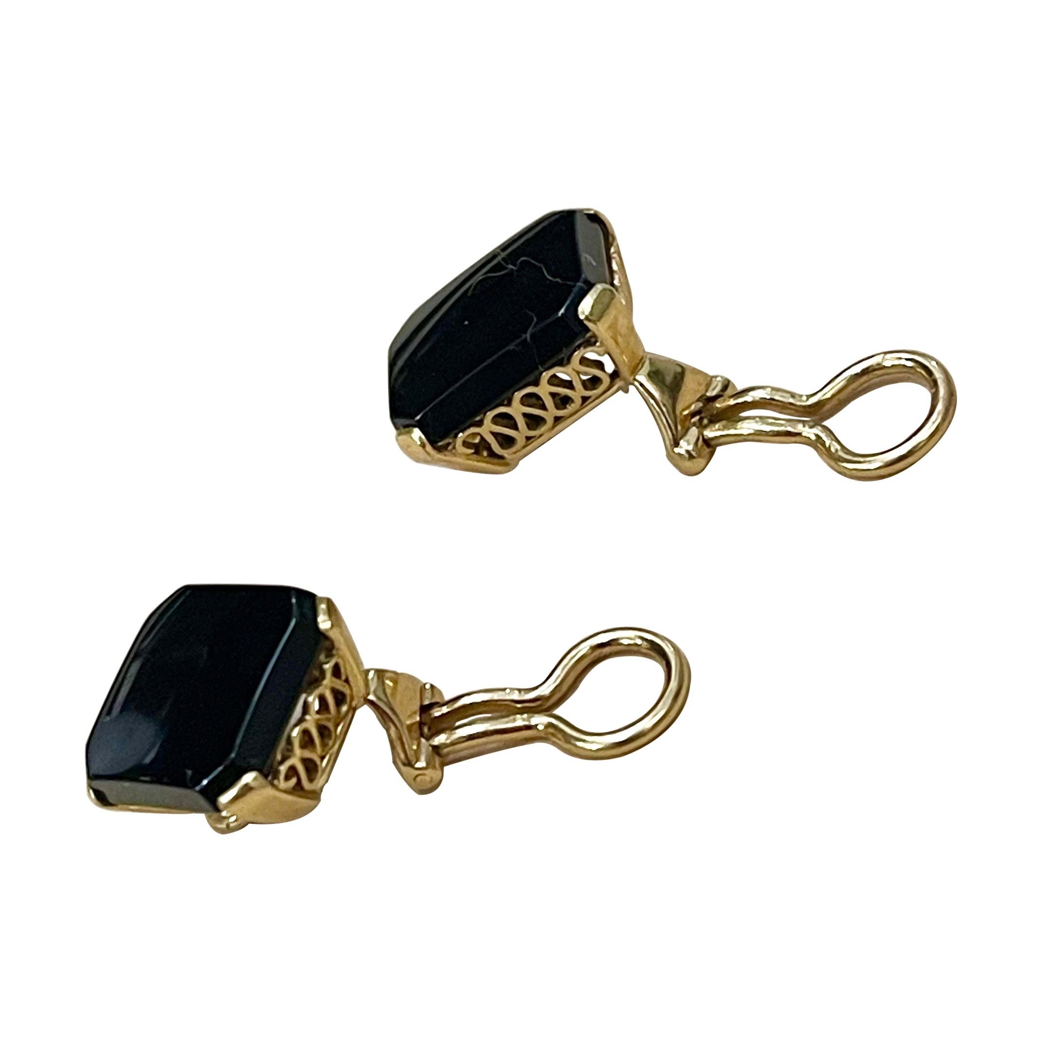 Emerald Cut Black Onyx Clip Earring in 18 Karat Yellow Gold, Earrings For Sale