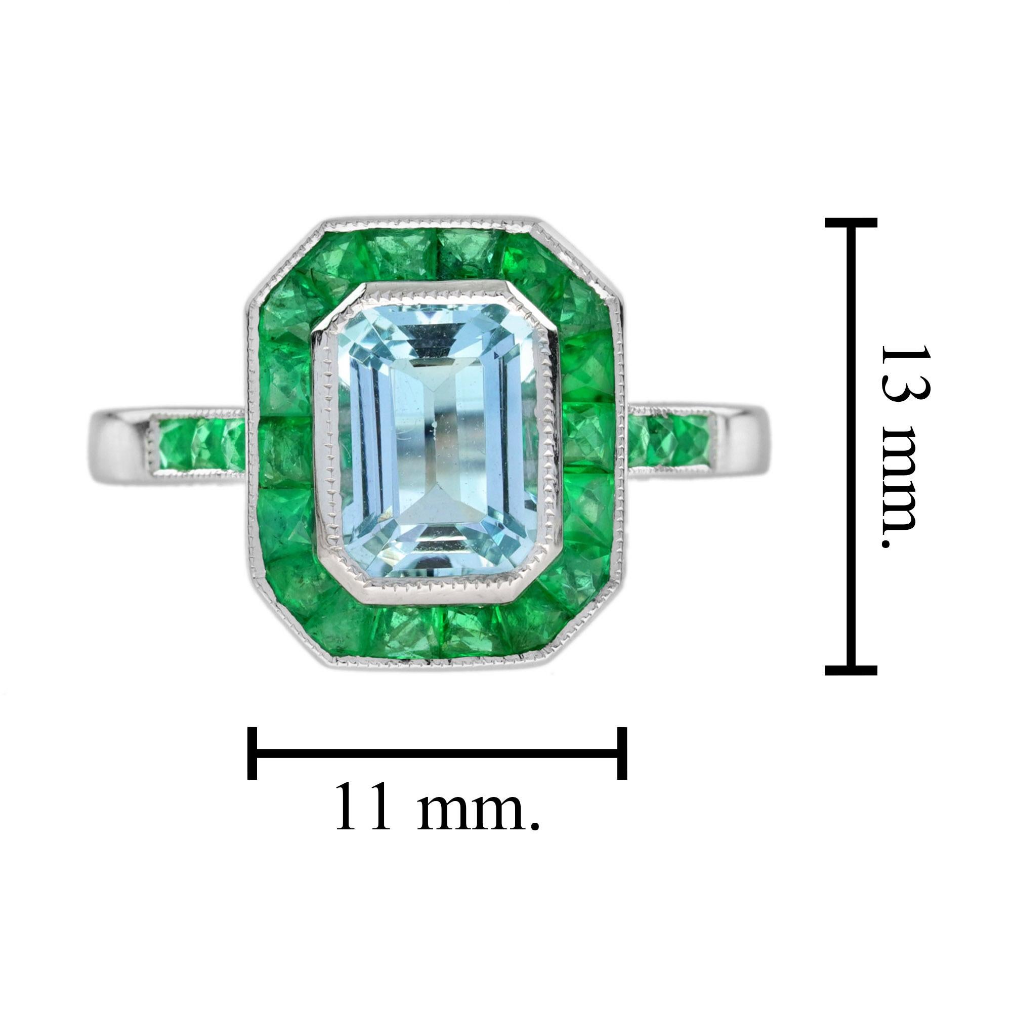 Blauer Aquamarin mit Smaragdschliff & grüner Smaragd Art Deco Stil Weißer Platinring im Zustand „Neu“ im Angebot in Oakton, VA