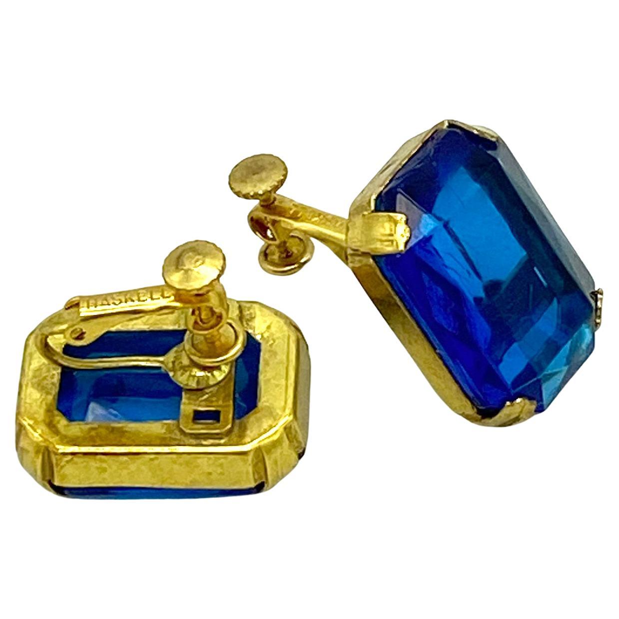 Art Deco Emerald-Cut Blue Earrings with Miriam Haskell Mark  For Sale