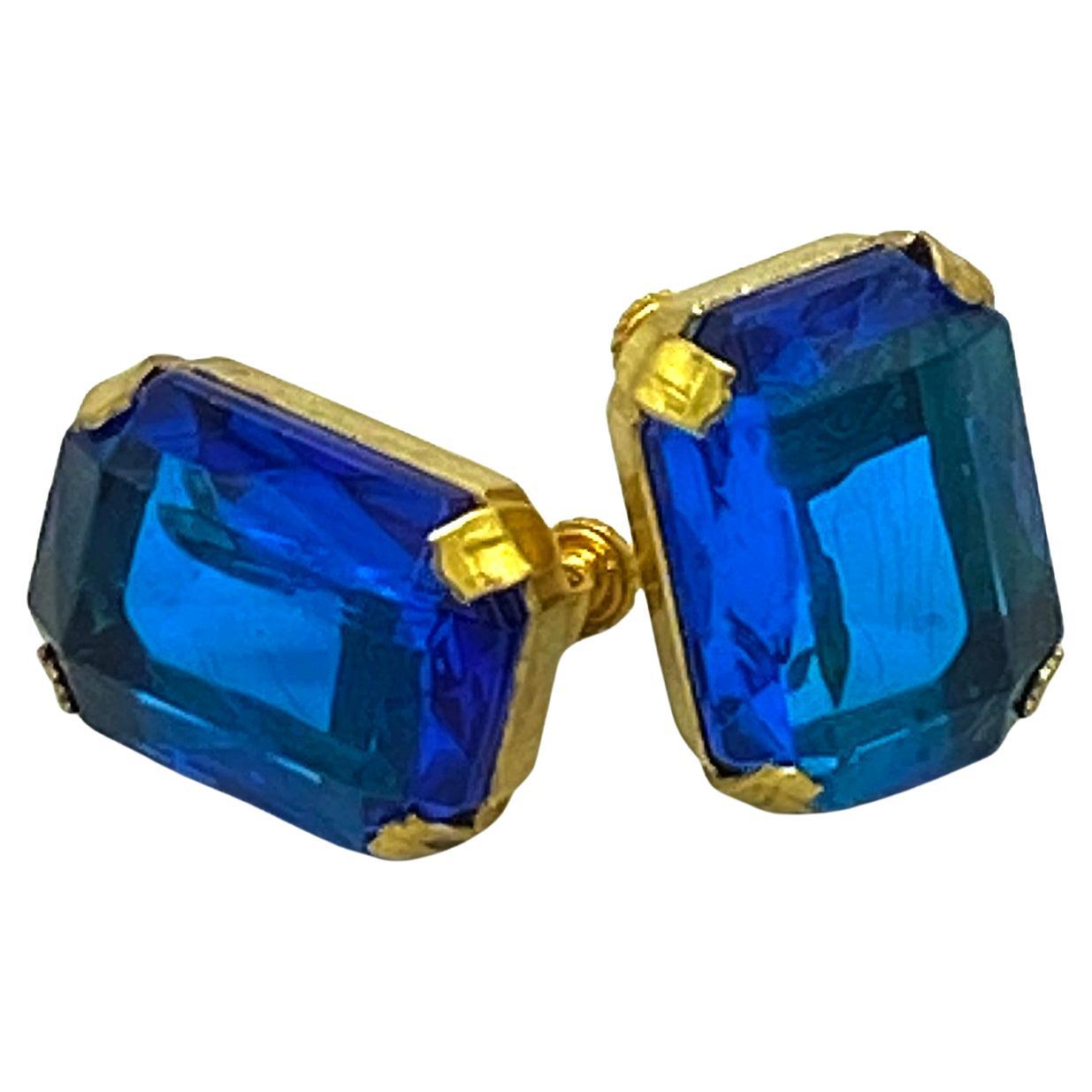 Emerald-Cut Blue Earrings with Miriam Haskell Mark  For Sale