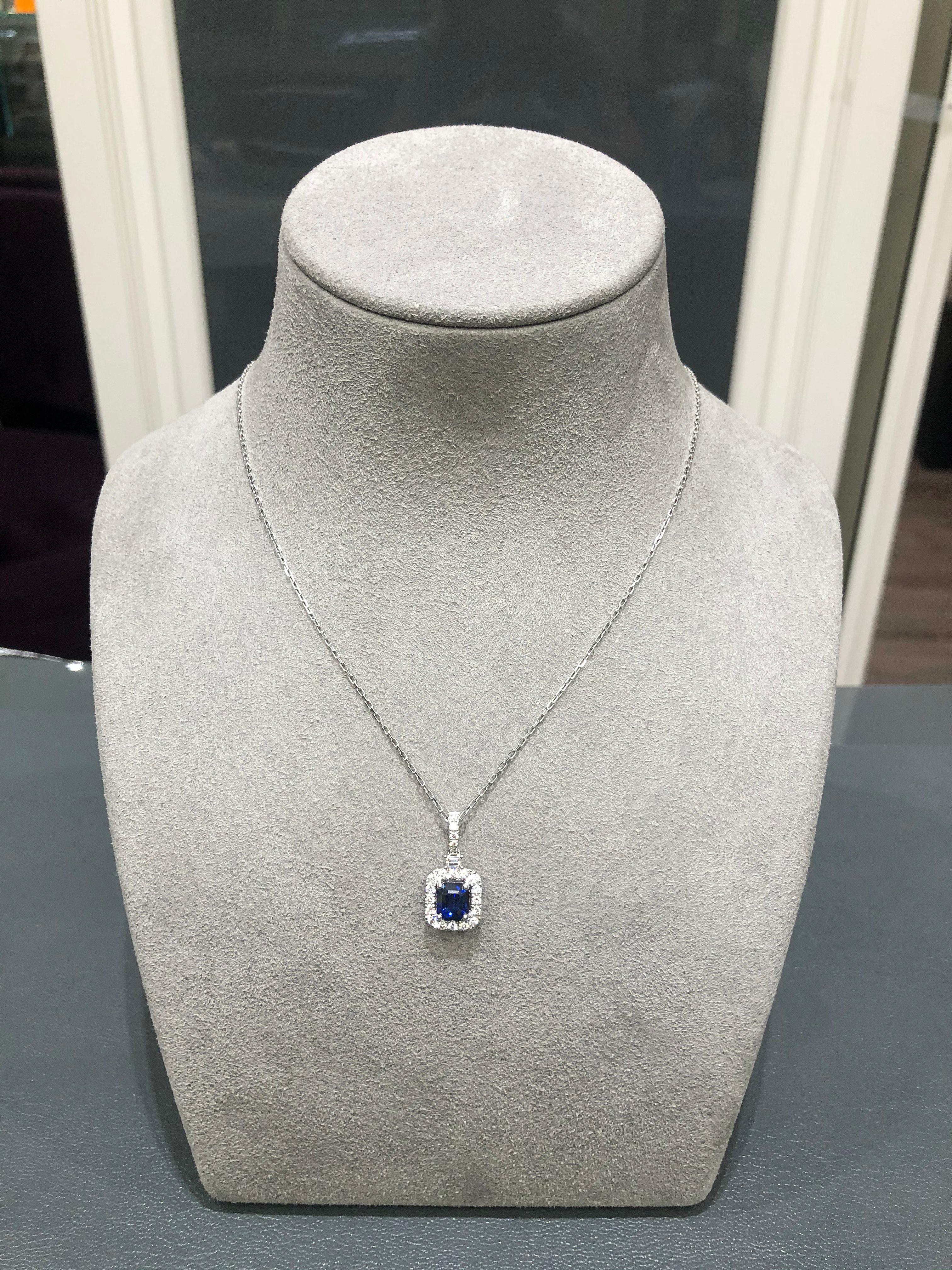 Women's Roman Malakov 1.64 Carat Emerald Cut Sapphire with Diamond Halo Pendant Necklace For Sale