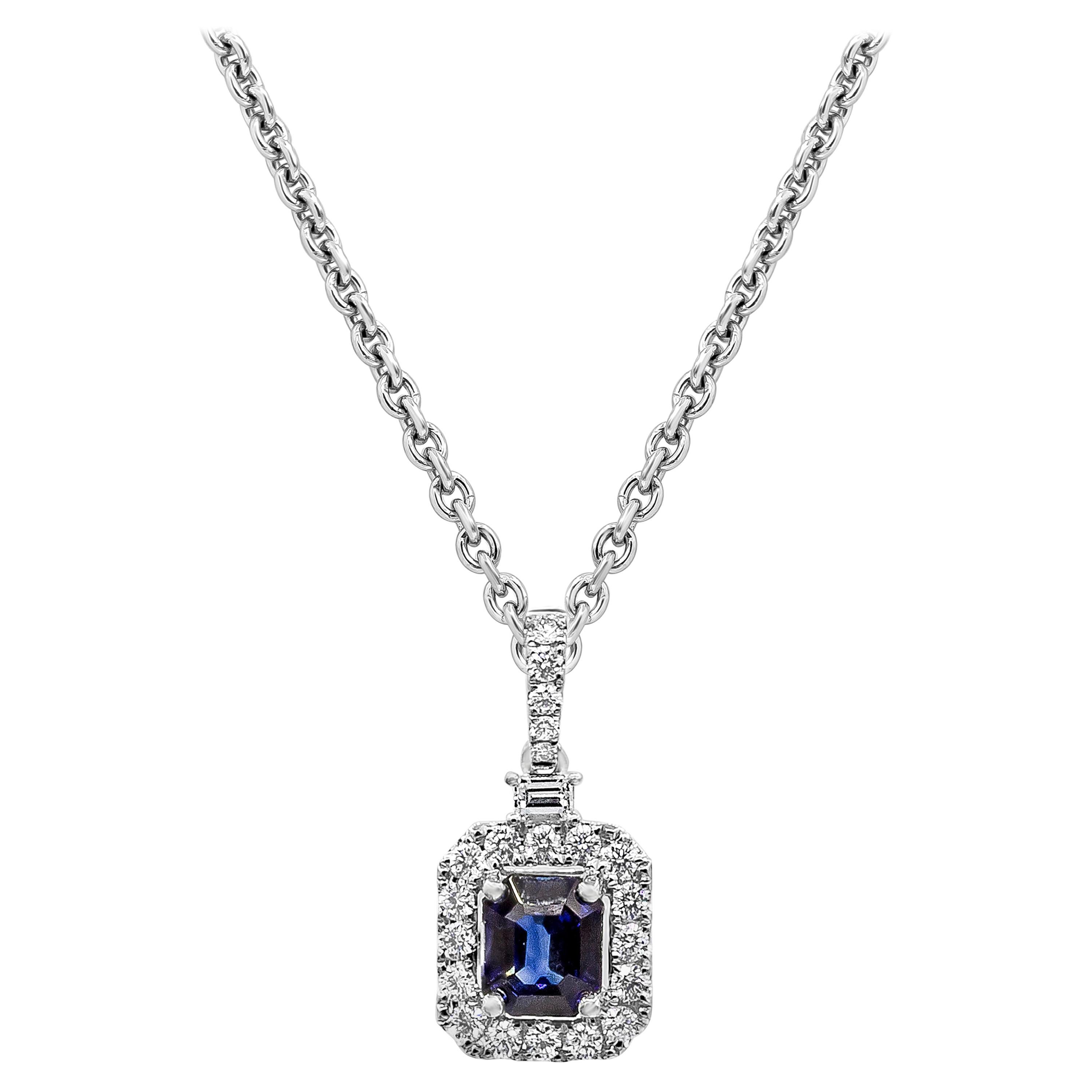 Roman Malakov 1.64 Carat Emerald Cut Sapphire with Diamond Halo Pendant Necklace For Sale