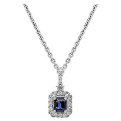 1.64 Carats Total Emerald Cut Blue Sapphire and Diamond Halo Pendant Necklace