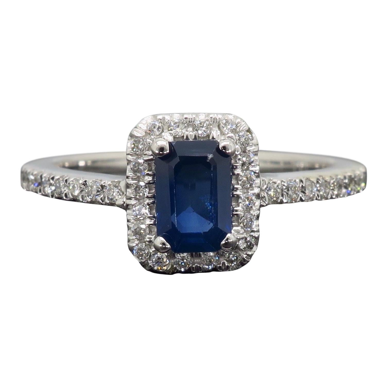 Emerald Cut Blue Sapphire and Diamond Halo Ring