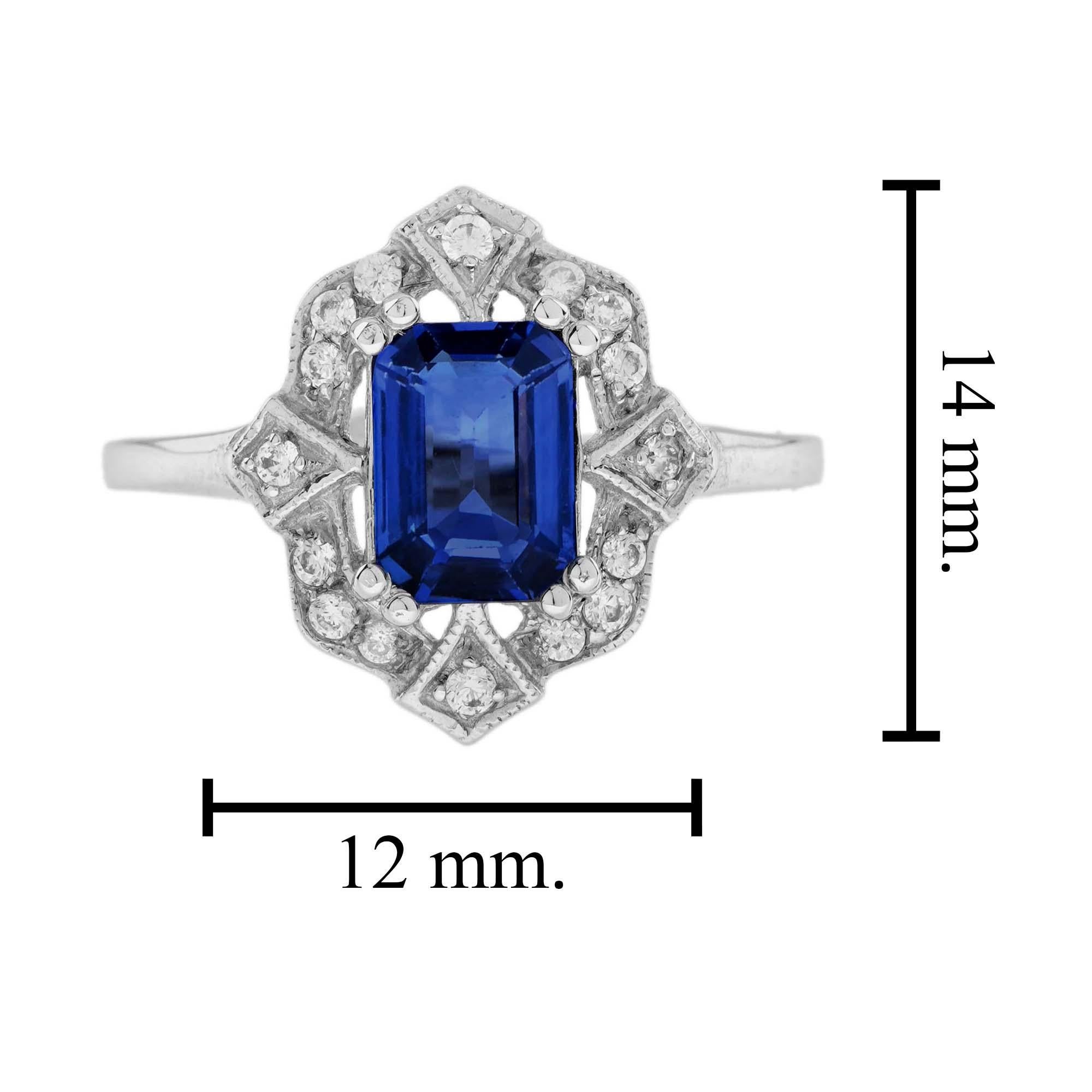 Im Angebot: Blauer Saphir im Smaragdschliff und Diamant-Halo-Ring aus 18 Karat Weißgold () 7