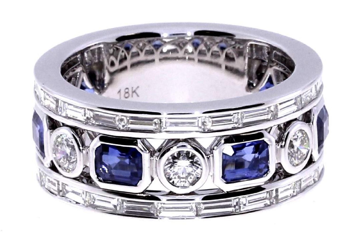 Women's Emerald Cut Blue Sapphire and Diamond Ring For Sale