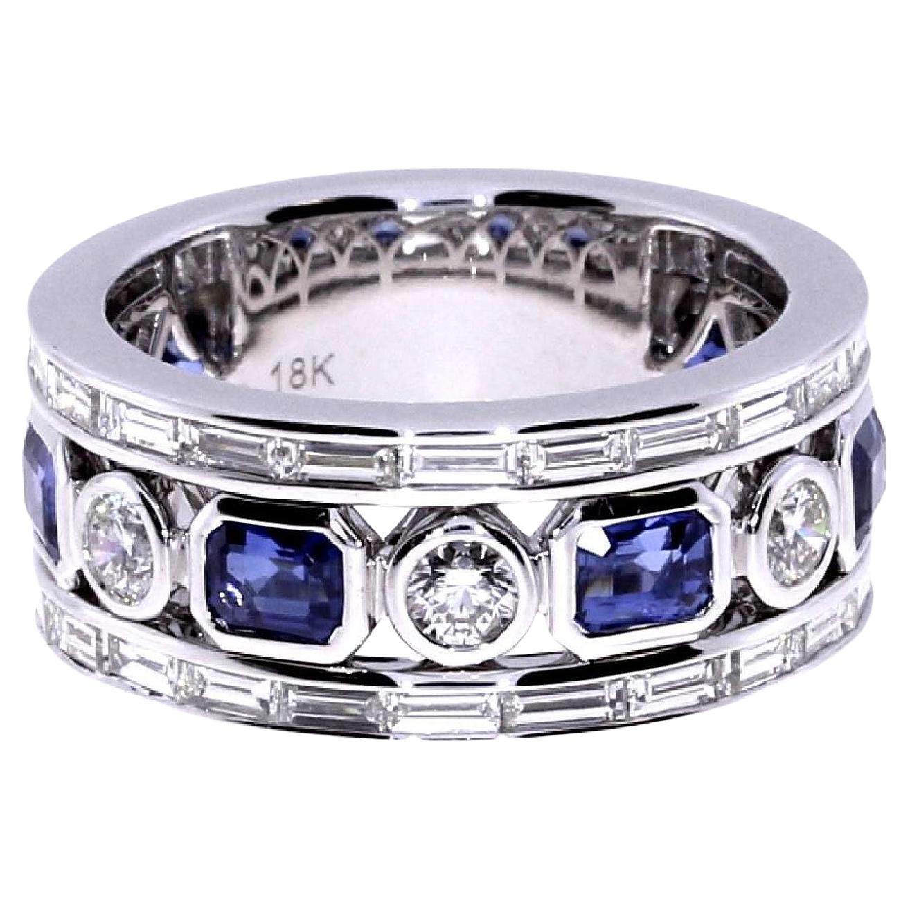 Emerald Cut Blue Sapphire and Diamond Ring For Sale